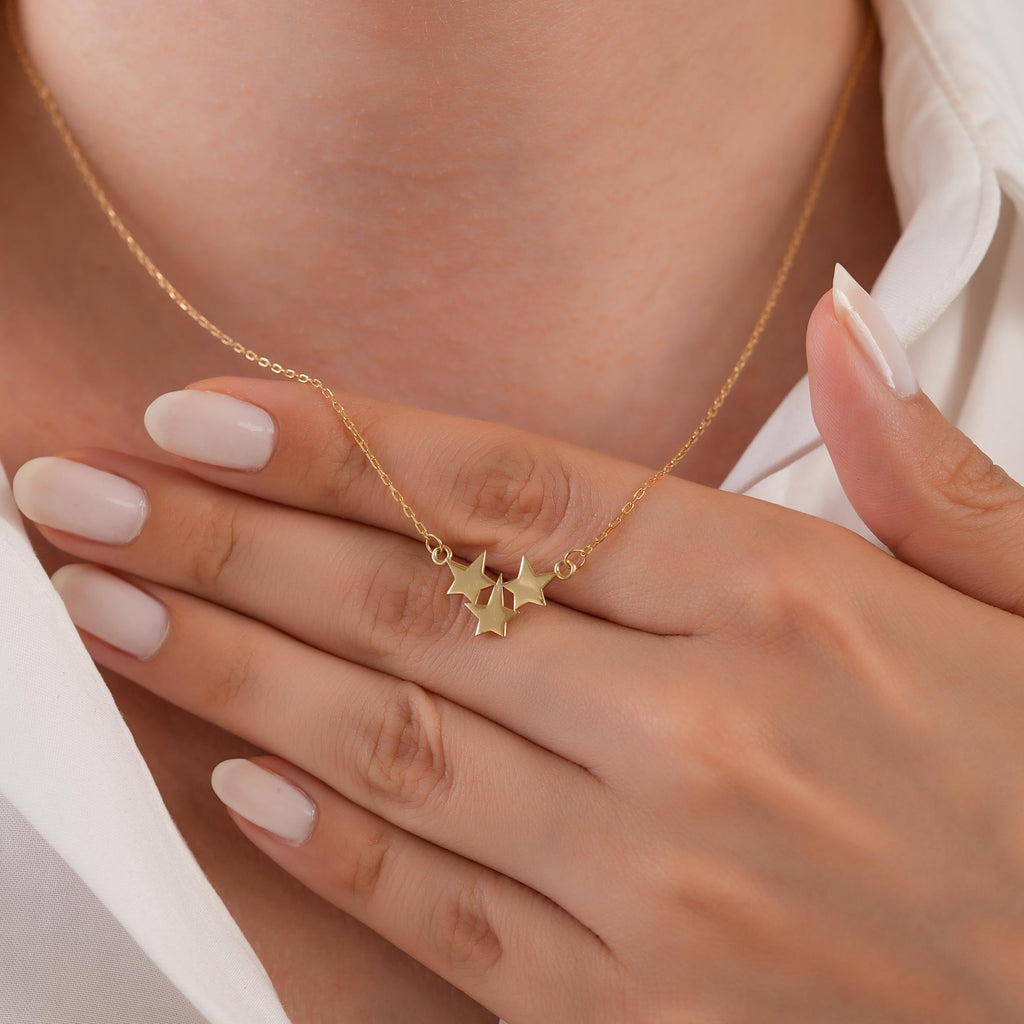 14K Gold Triple Star Necklace, Celestial Star Cluster Pendant, Dainty Minimalist Charm, Gift for Her