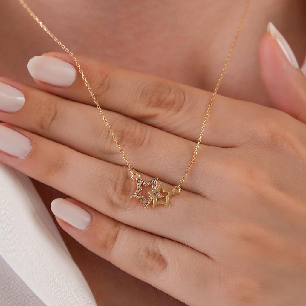 14K Gold Double Star Necklace, Lab Diamond Star Cluster Pendant, Celestial Charm, Gift for Her