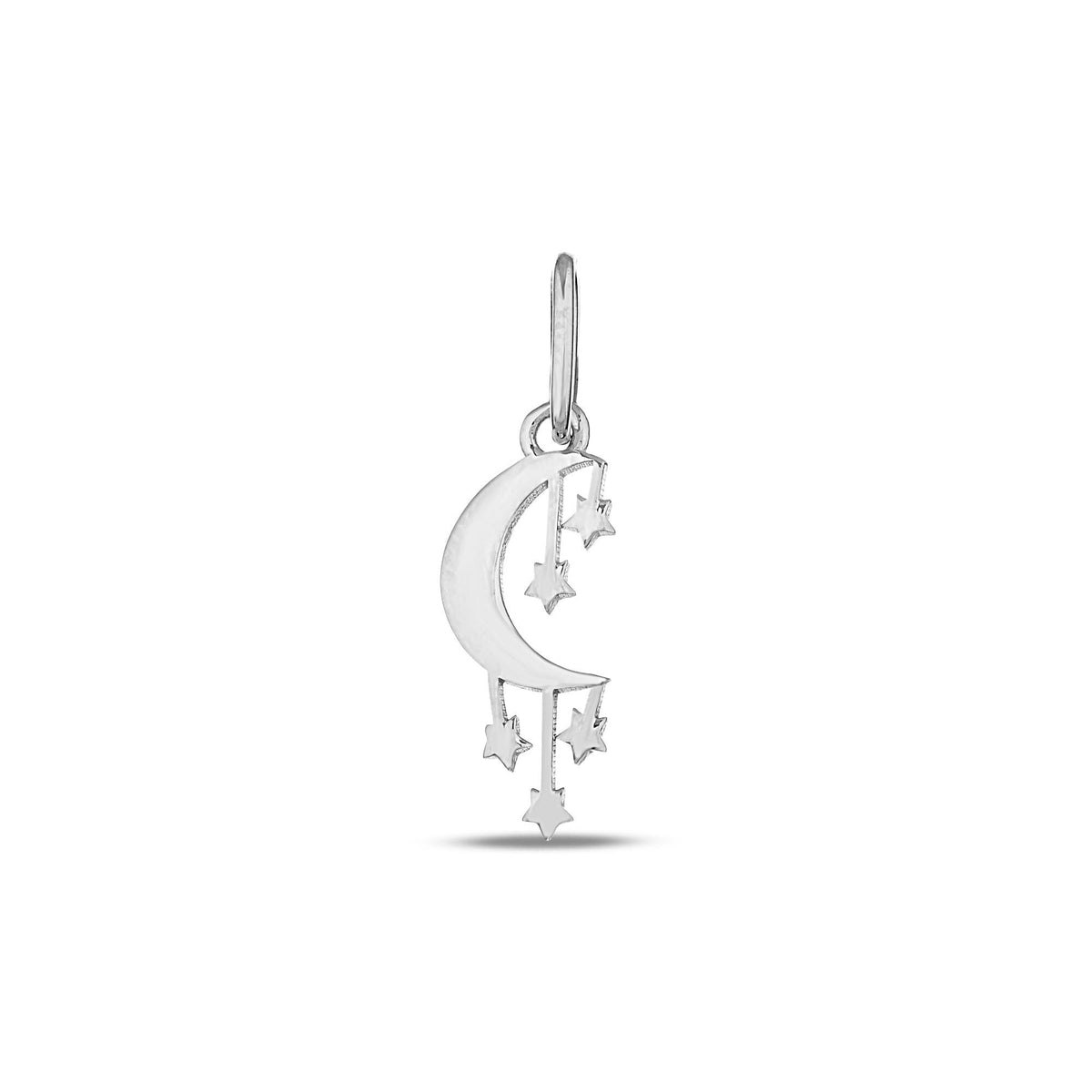 14K Gold Crescent Moon Charm, Dangling Stars Pendant, Celestial Mobile Charm, Whimsical Sky Jewelry, Gift for Her