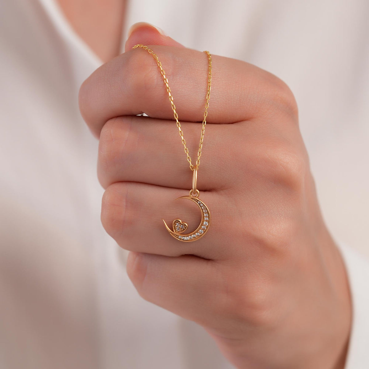 14K Gold Crescent Moon Heart Charm, Pave Lab Diamond Moon Pendant, Celestial Love Charm, Romantic Sky Jewelry, Gift for Her