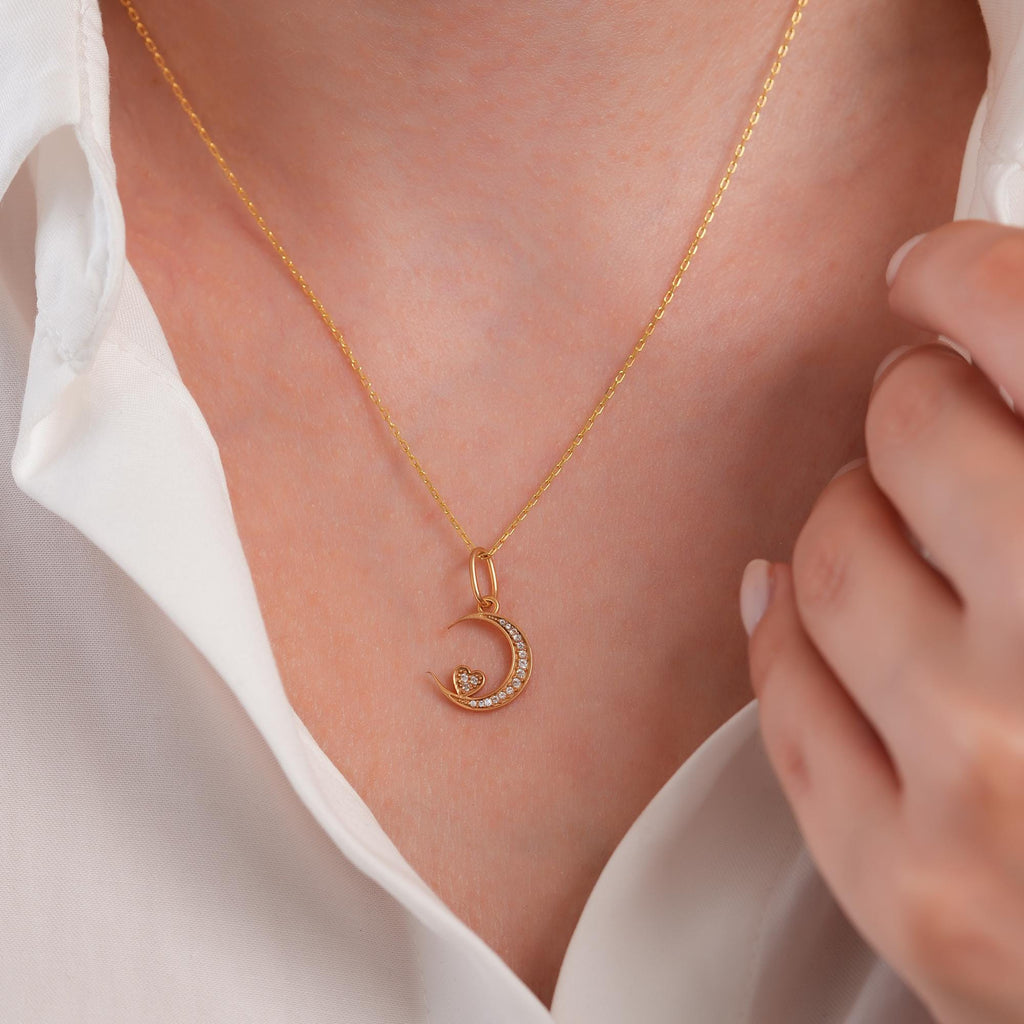 14K Gold Crescent Moon Heart Charm, Pave Lab Diamond Moon Pendant, Celestial Love Charm, Romantic Sky Jewelry, Gift for Her