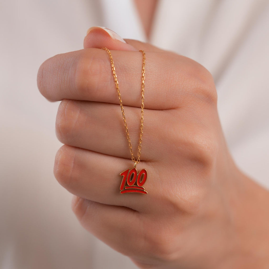 14K Gold 100 Emoji Necklace, Red Enamel Pendant, Trendy Hip Hop Jewelry, Fun Gift for Her Teen