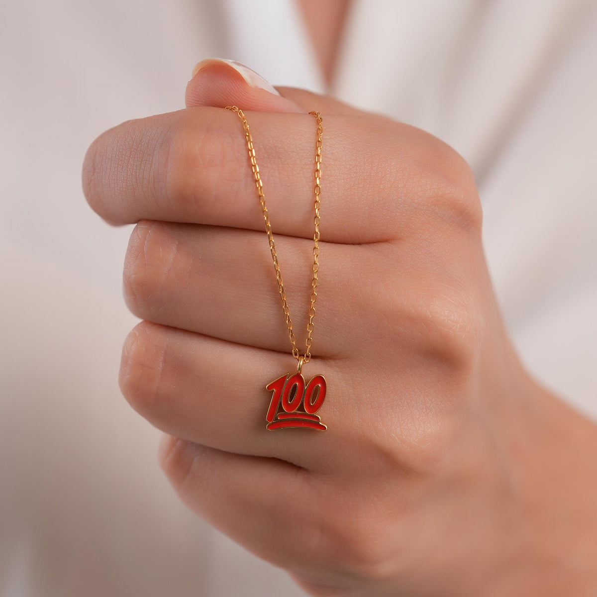 14K Gold 100 Emoji Necklace, Red Enamel Pendant, Trendy Hip Hop Jewelry, Fun Gift for Her Teen