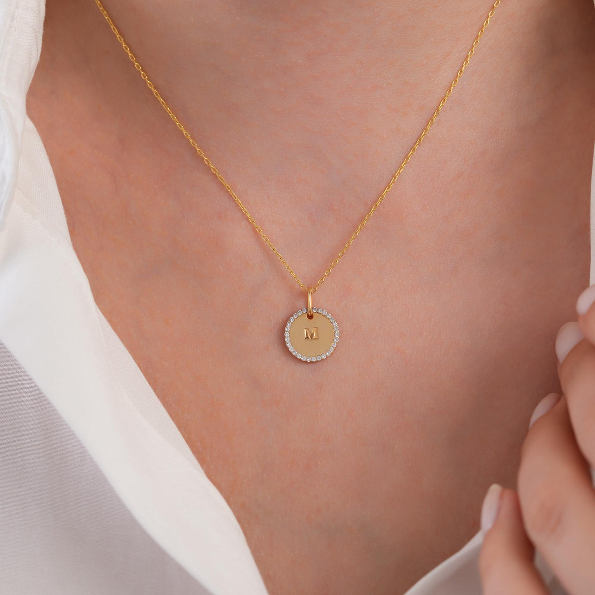 14K Gold Initial Disc Charm, Pave Lab Diamond Halo Letter Coin Pendant, Personalized Alphabet Charm A-Z, Engraved Medallion Jewelry