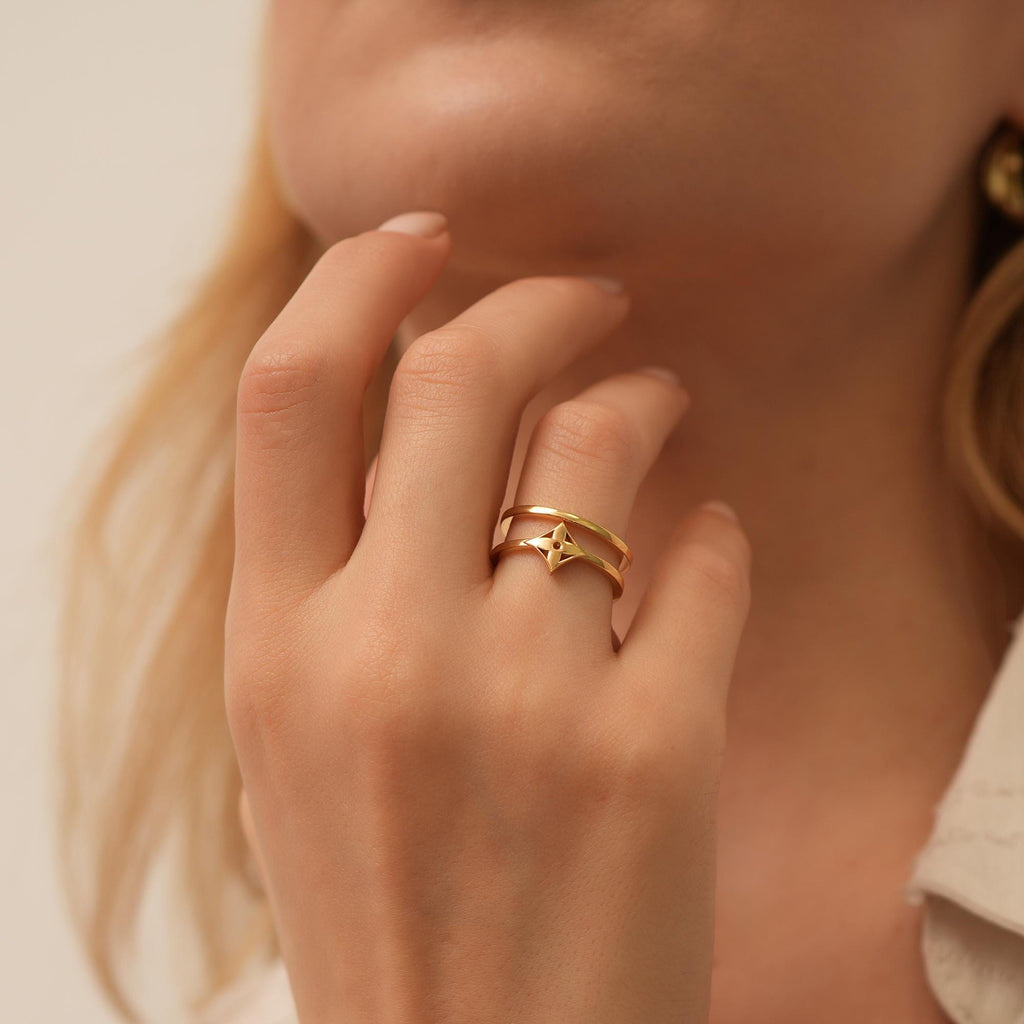 14K Gold Star Ring, Double Band Compass Ring, Criss Cross Stacking Ring, Minimalist Statement Ring, Gift for Her