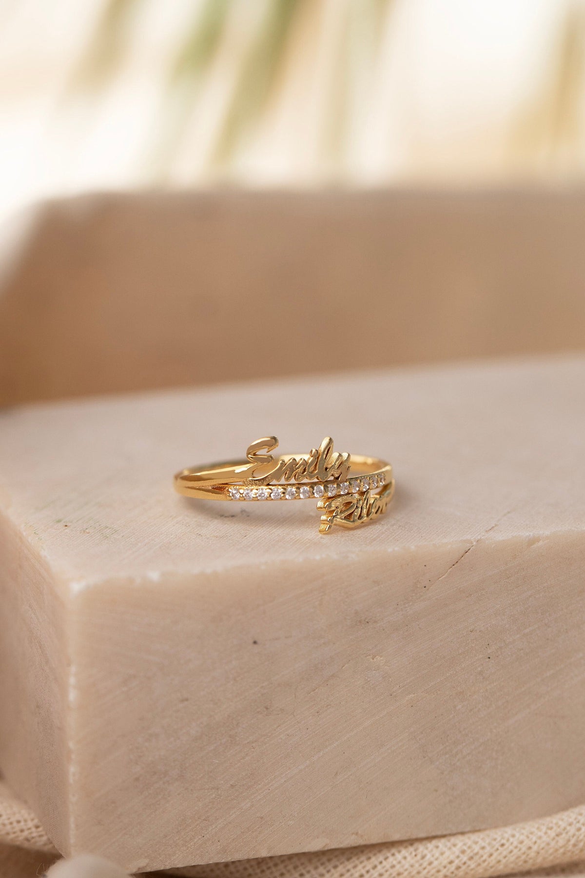 14K Gold Double Name Ring, Personalized Two Name Ring, Custom Script Name Ring with Lab Diamonds, Gift for Her