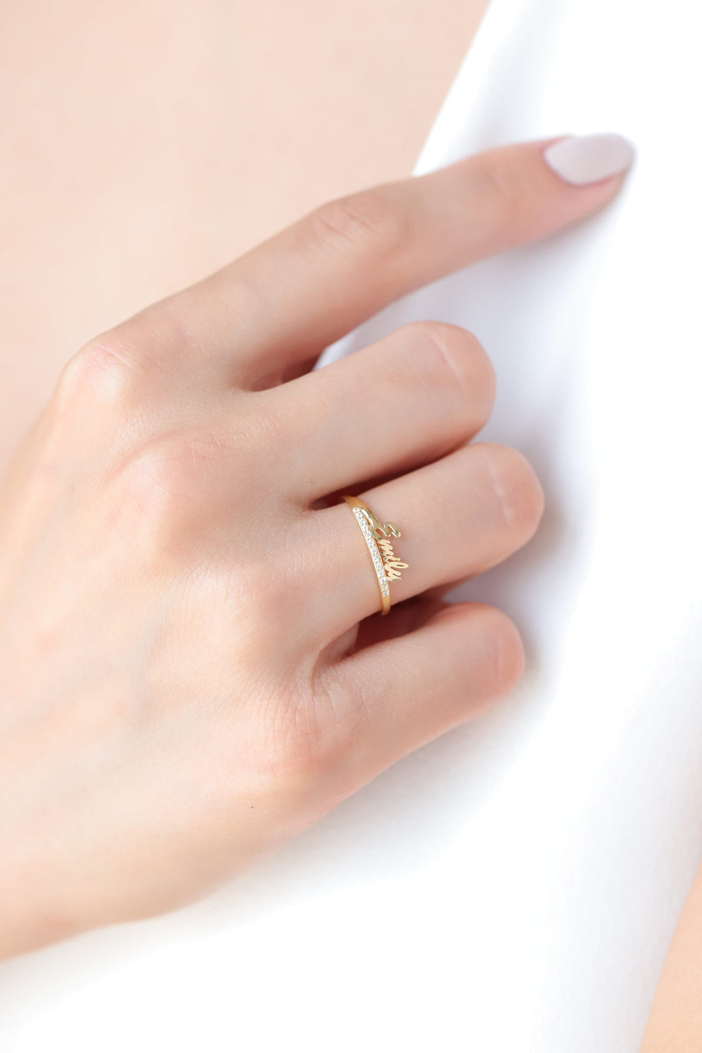 14K Gold Name Ring with Lab Diamonds, Personalized Script Name Ring, Custom Diamond Bar Ring, Gift for Her