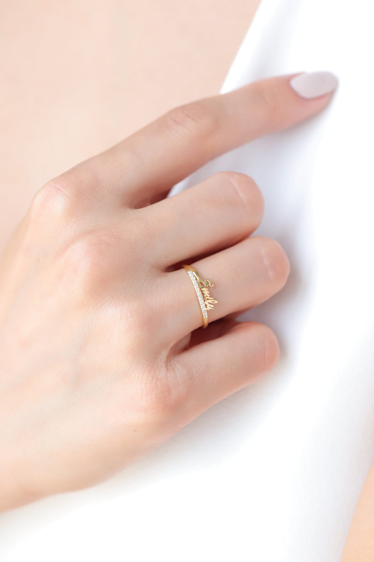 14K Gold Name Ring with Lab Diamonds, Personalized Script Name Ring, Custom Diamond Bar Ring, Gift for Her