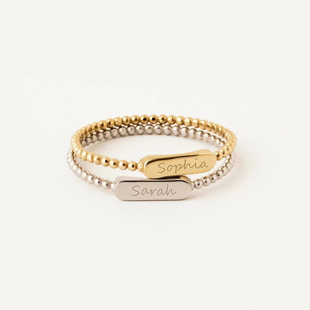 14K Gold Beaded Name Ring, Engraved Bar Ring, Personalized Script Name Jewelry, Custom Stacking Ring, Gift for Her