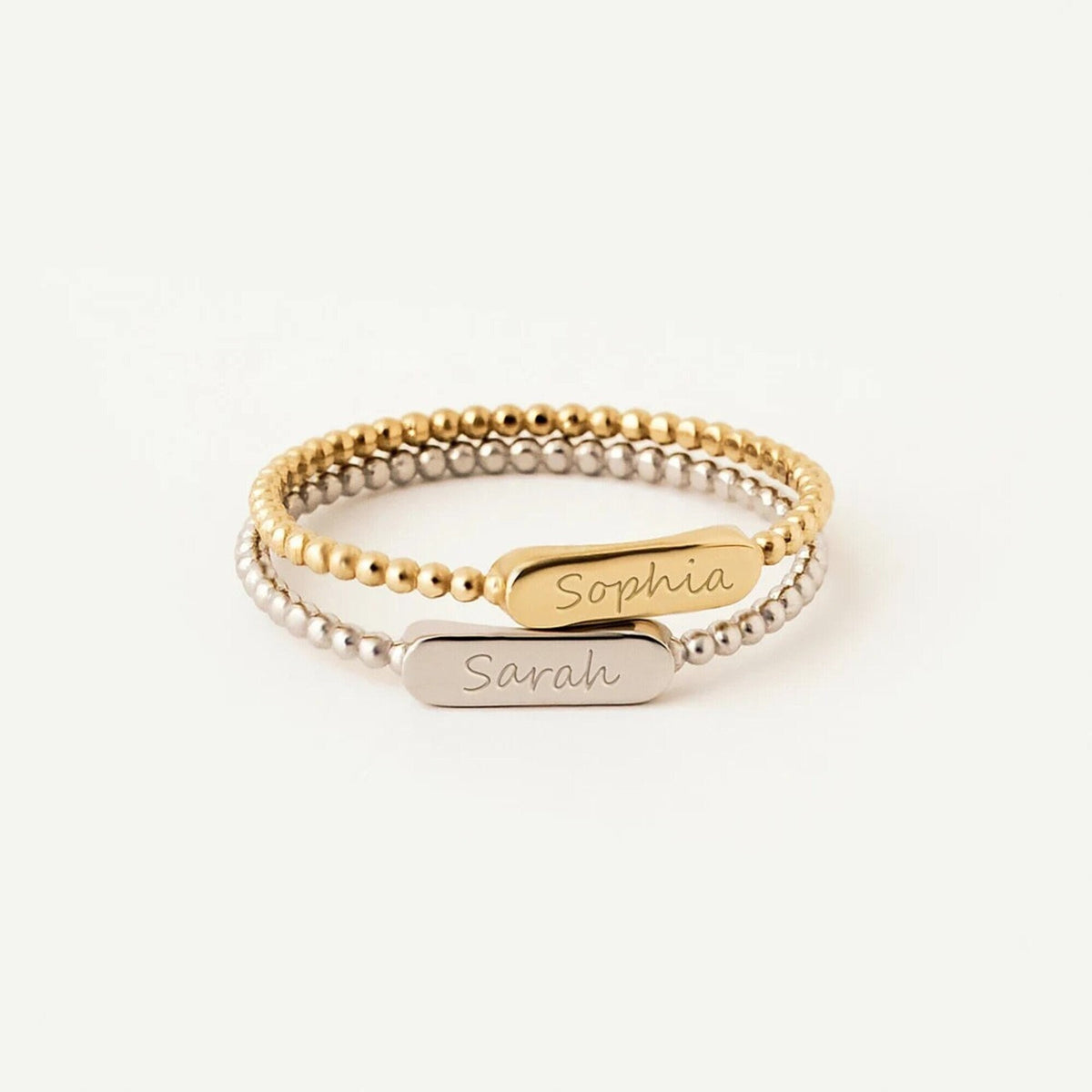 14K Gold Beaded Name Ring, Engraved Bar Ring, Personalized Script Name Jewelry, Custom Stacking Ring, Gift for Her