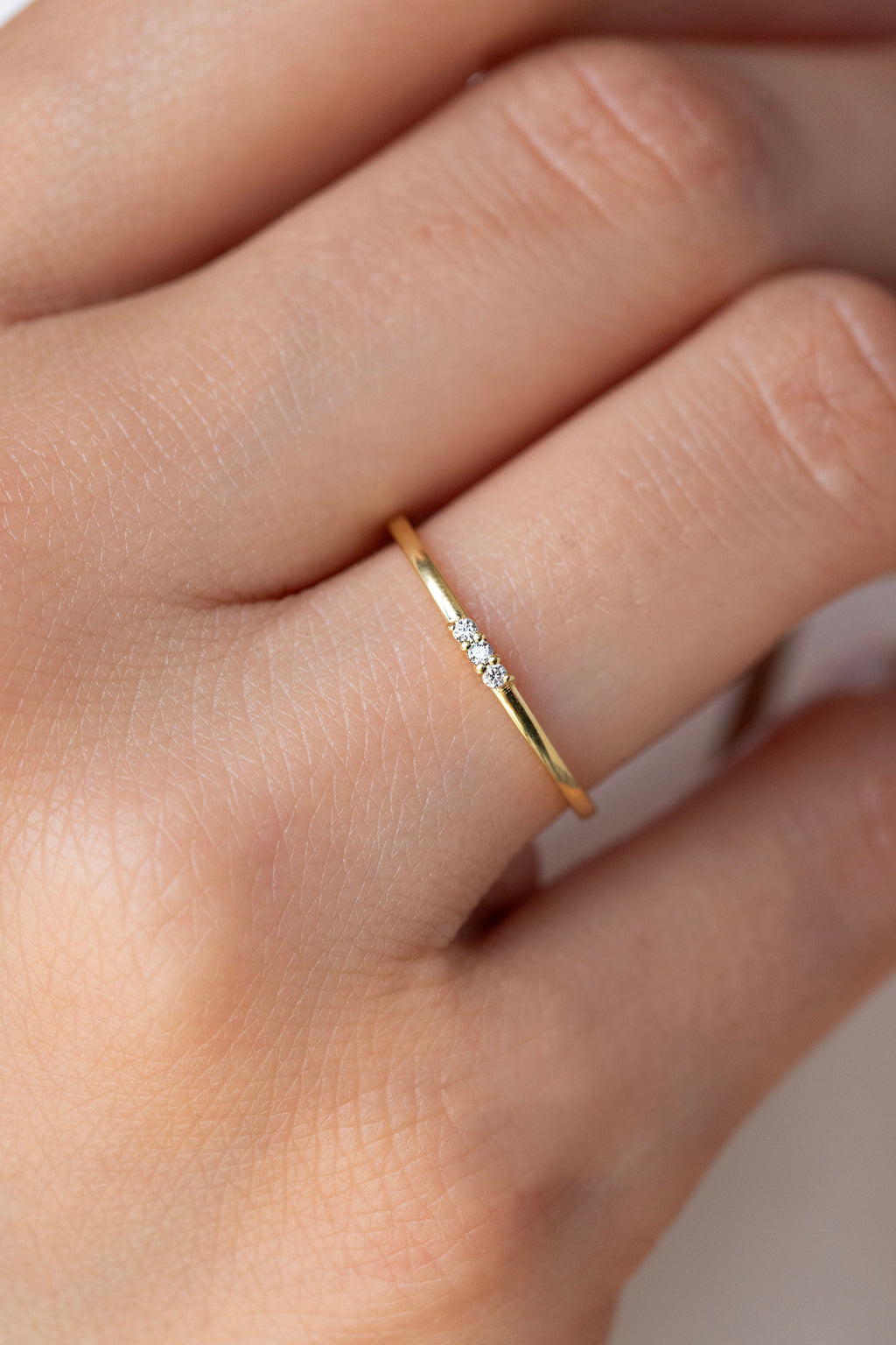 14K Gold Three Stone Ring, Dainty Lab Diamond Stacking Ring, Minimalist Thin Band, Delicate Everyday Ring, Gift for Her