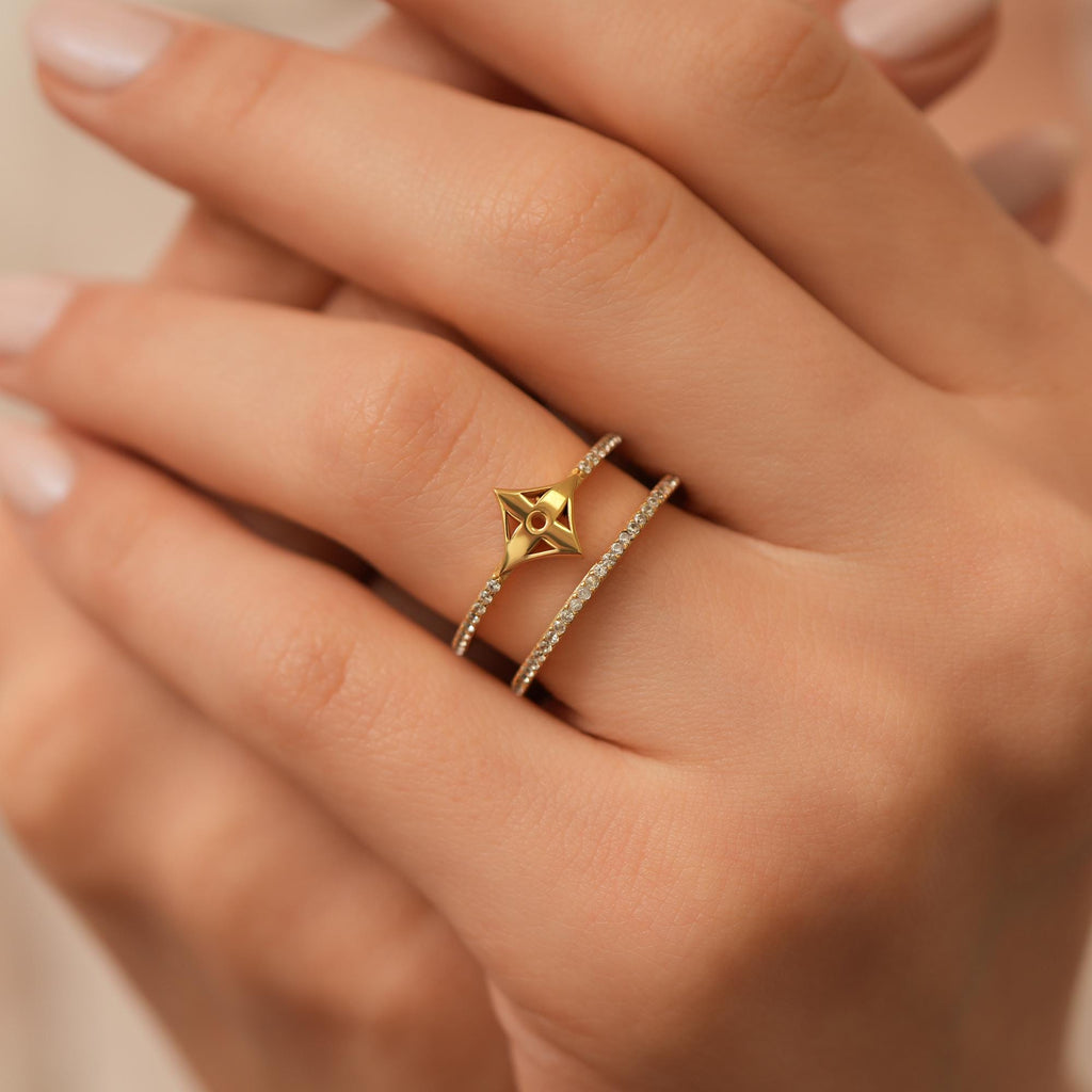 14K Gold Pave Lab Diamond Star Ring, Double Band Criss Cross Ring, Sparkling Compass Ring, Statement Stacking Ring, Gift for Her