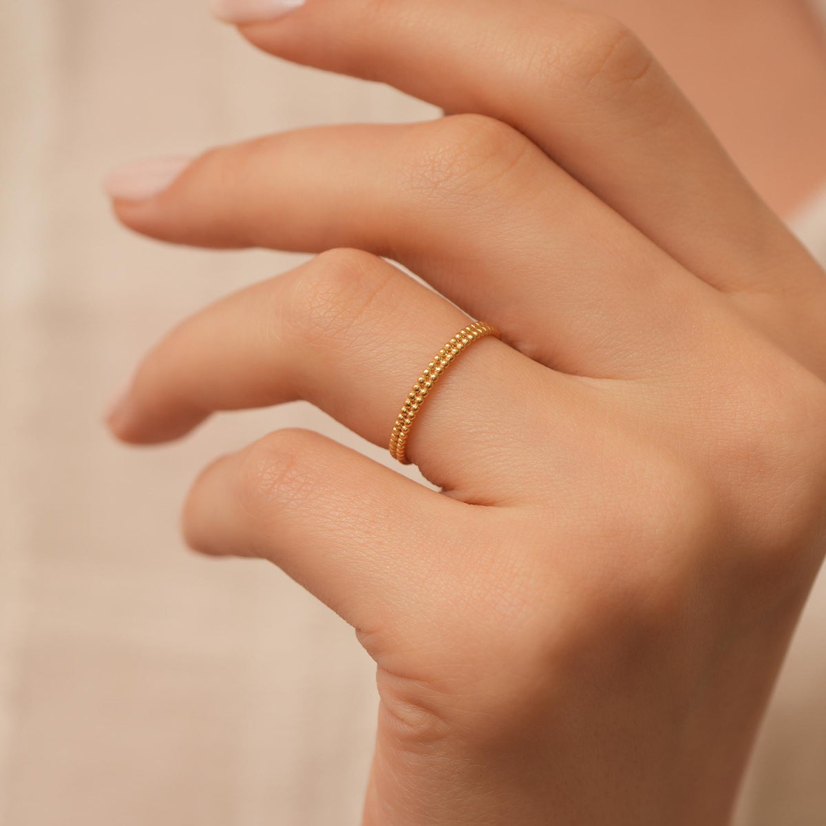 14K Gold Beaded Ring, Double Row Textured Band, Minimalist Stacking Ring, Solid Gold Everyday Ring, Gift for Her