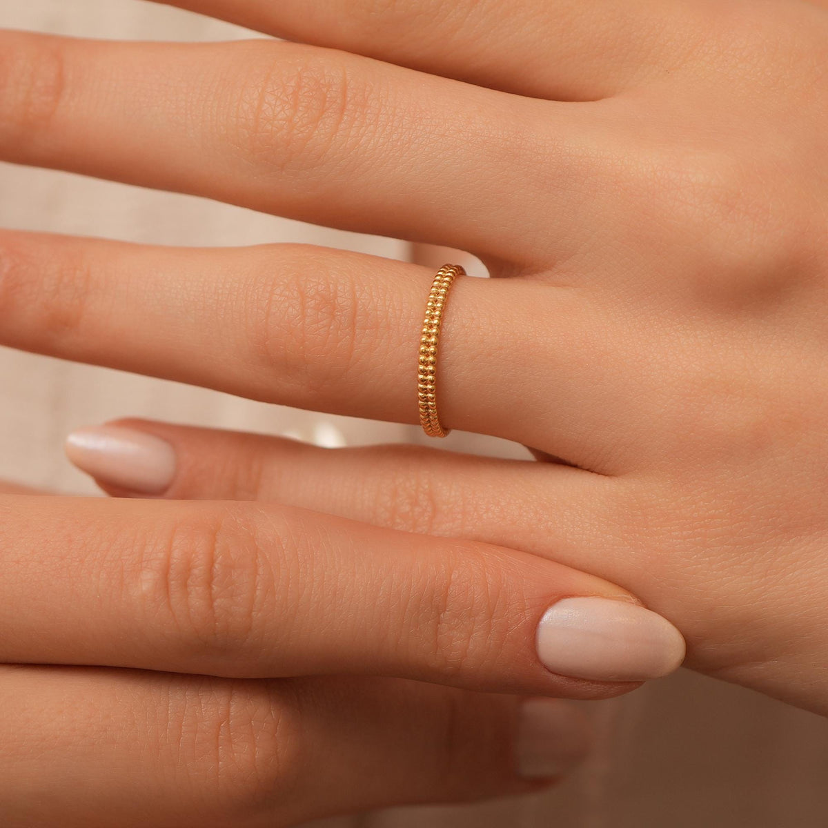 14K Gold Beaded Ring, Double Row Textured Band, Minimalist Stacking Ring, Solid Gold Everyday Ring, Gift for Her