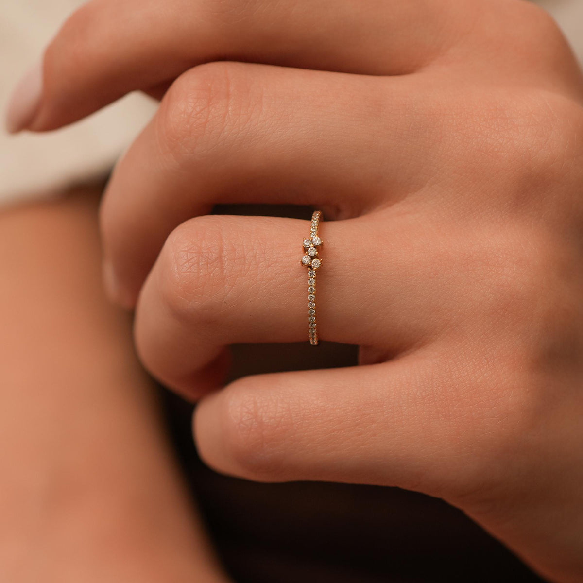 14K Gold Lab Diamond Cluster Ring, Pave Band Stacking Ring, Dainty Sparkle Ring, Delicate Statement Ring, Gift for Her