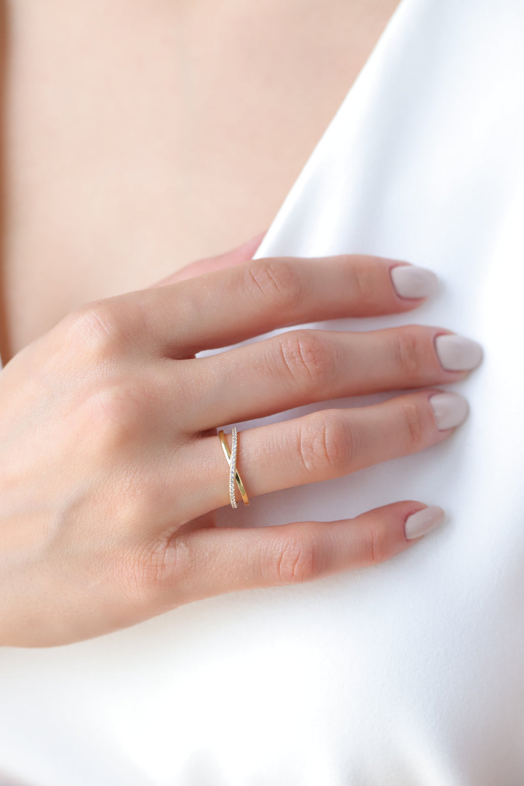 14K Gold Crossover Ring, Pave Lab Diamond X Ring, Criss Cross Band, Double Band Sparkle Ring, Gift for Her