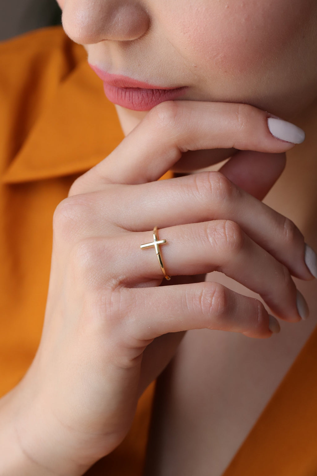 14K Solid Gold Sideways Cross Ring, Plain Faith Band, Minimalist Christian Ring, Dainty Stacking Ring, Gift for Her
