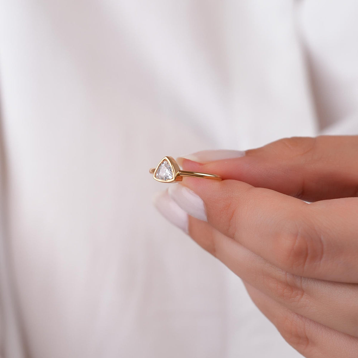 14K Gold Trillion Cut Birthstone Ring, Triangle Bezel Ring, Custom Color Gemstone Ring, Unique Solitaire, Gift for Her