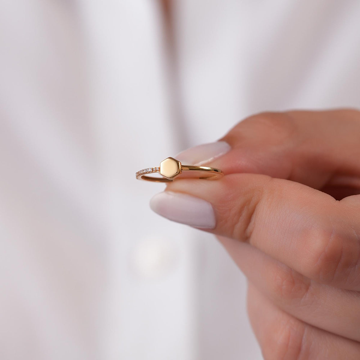 14K Gold Hexagon Ring, Geometric Pave Lab Diamond Ring, Minimalist Stacking Ring, Modern Solid Gold Ring, Gift for Her