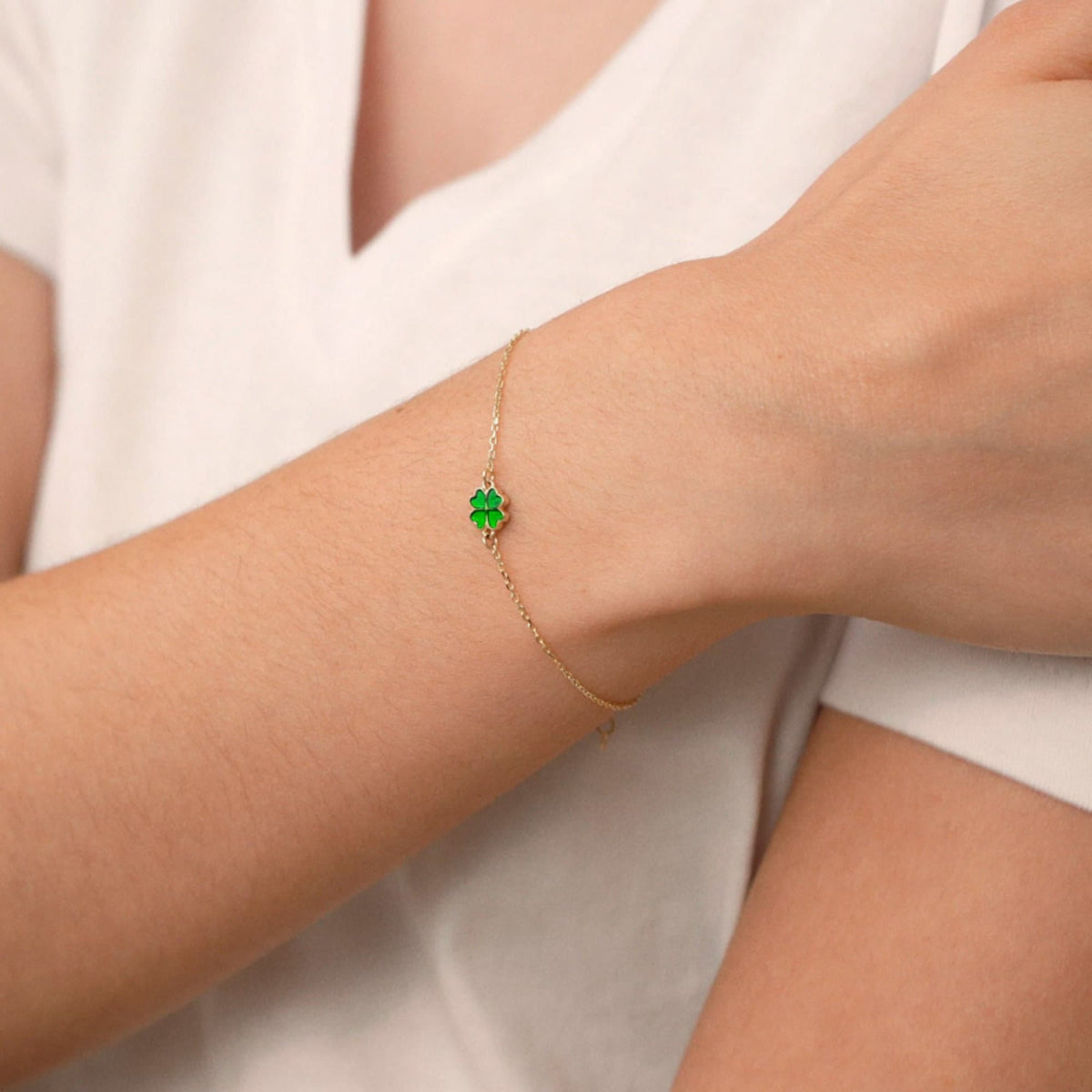 14K Gold Four Leaf Clover Bracelet, Green Enamel Lucky Charm Bracelet, Delicate Chain Bracelet, Minimalist Good Luck Jewelry