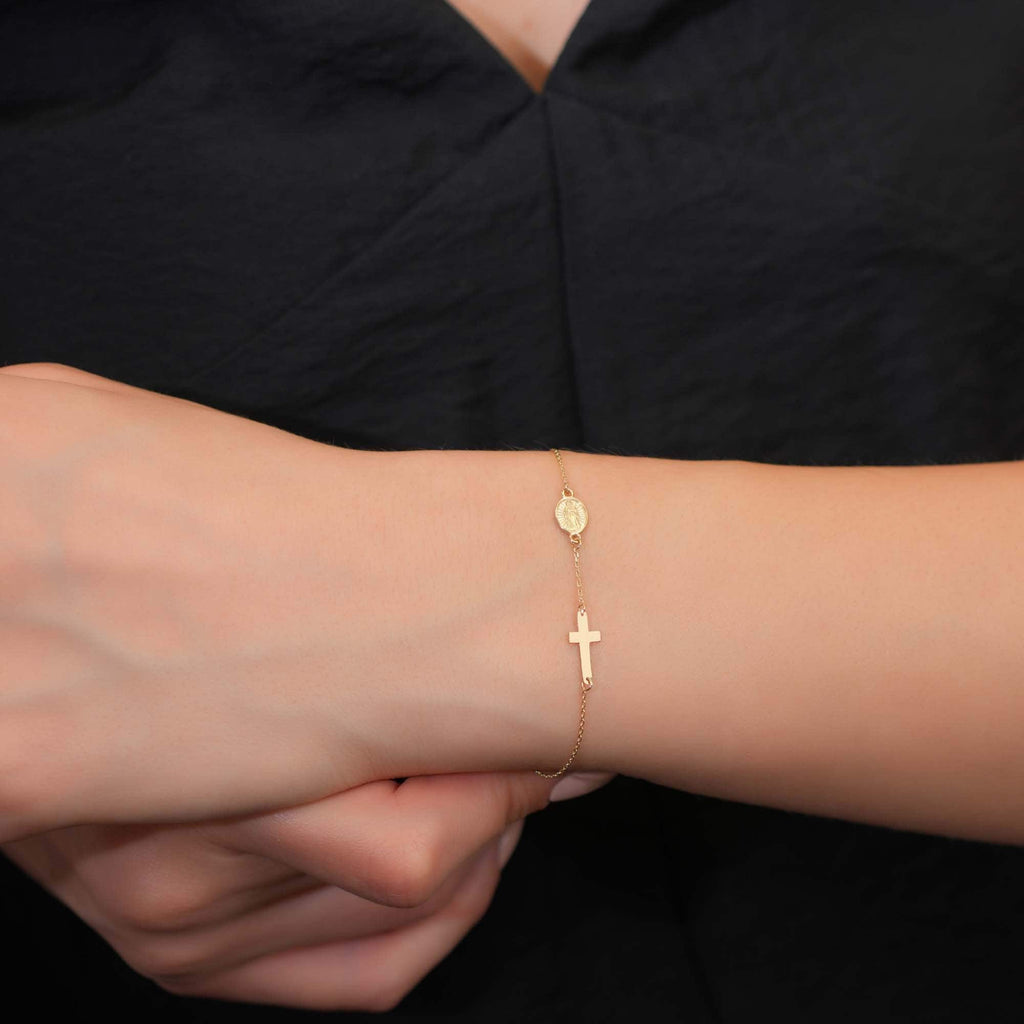 14K Gold Cross and Virgin Mary Bracelet, Religious Medallion Chain Bracelet, Catholic Faith Jewelry, Delicate Gift for Her