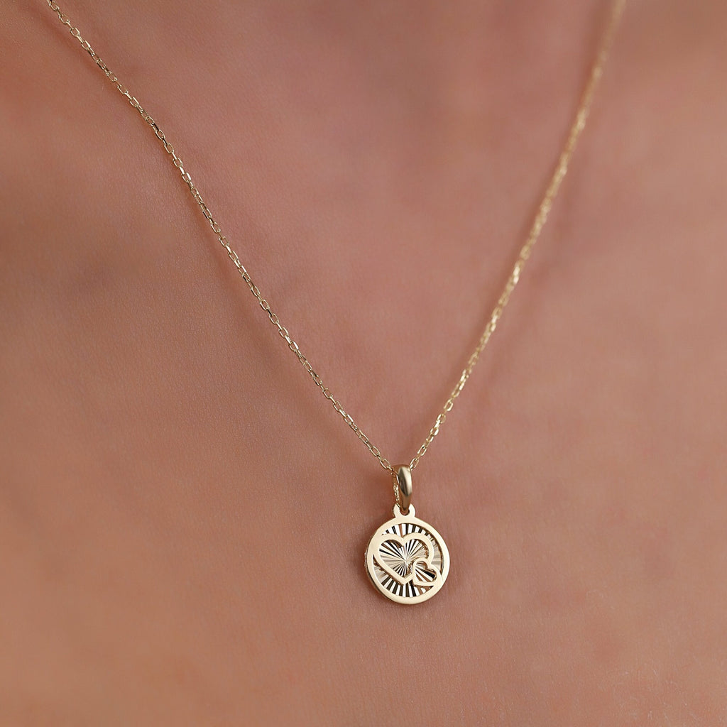 14K Gold Heart Medallion Necklace, Diamond Cut Double Heart Coin Pendant, Dainty Round Disc Necklace, Valentine's Gift for Her