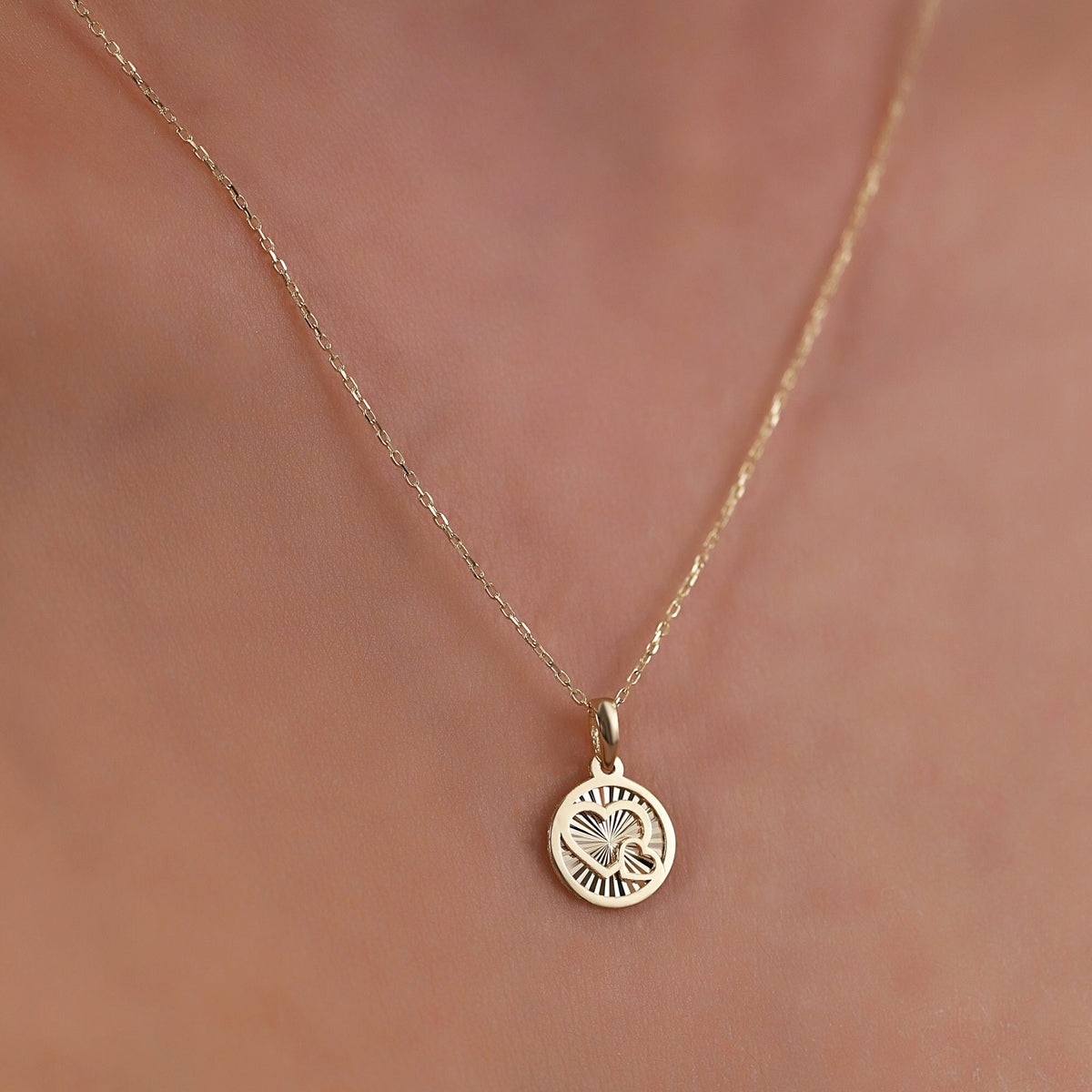 14K Gold Heart Medallion Necklace, Diamond Cut Double Heart Coin Pendant, Dainty Round Disc Necklace, Valentine's Gift for Her