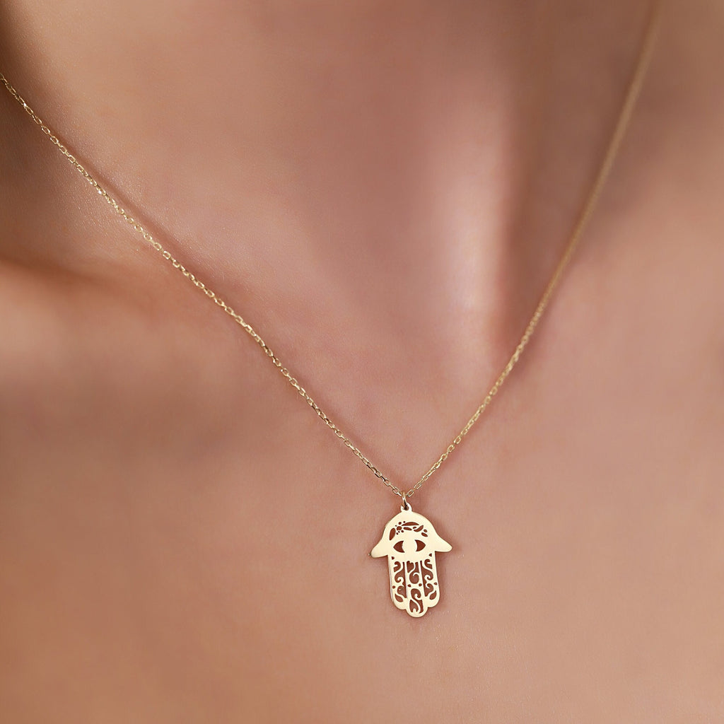 14K Gold Hamsa Necklace, Engraved Evil Eye Hand Pendant, Fatima's Hand Charm, Protection Jewelry, Gift for Her