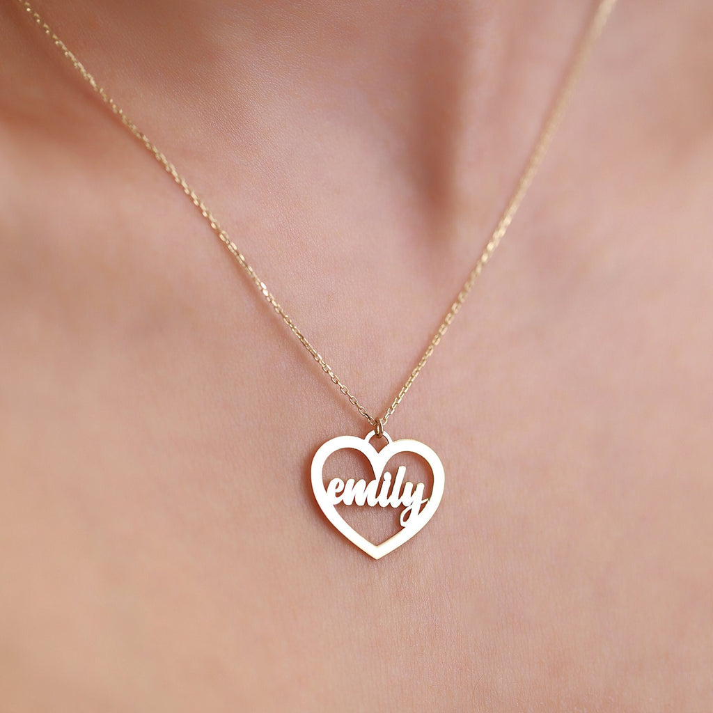 14K Gold Name Necklace in Heart, Custom Script Name Pendant, Personalized Heart Necklace, Gift for Her