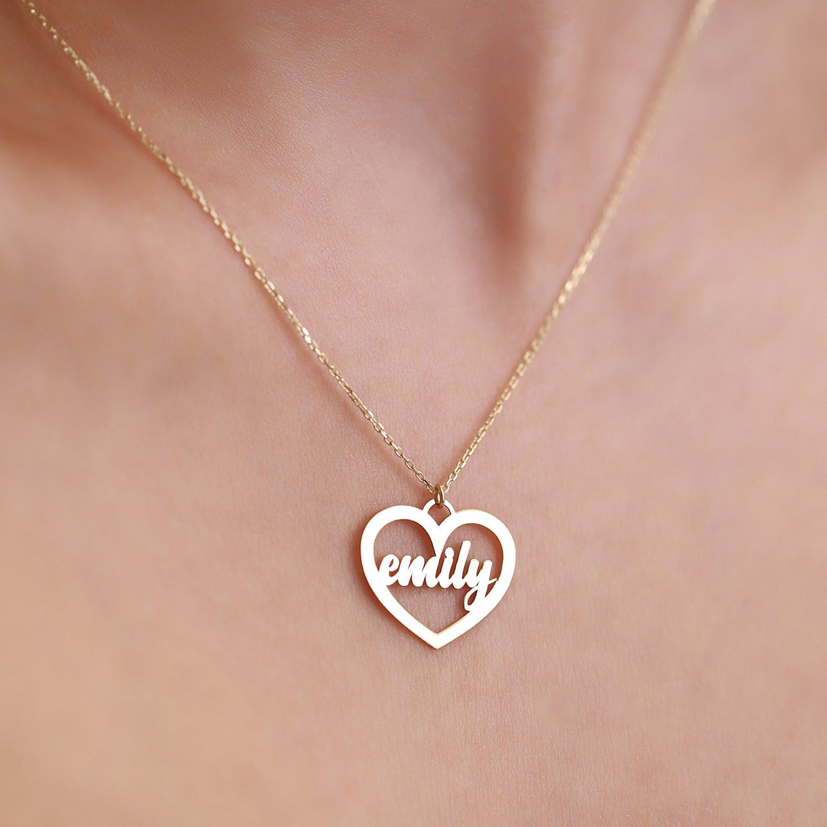 14K Gold Name Necklace in Heart, Custom Script Name Pendant, Personalized Heart Necklace, Gift for Her