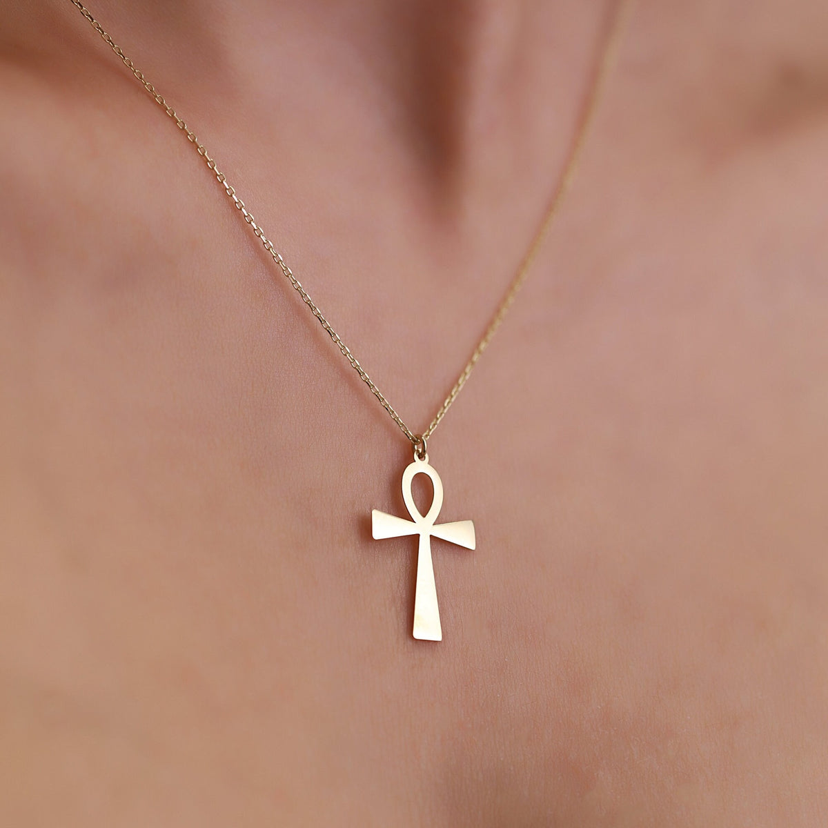 14K Gold Ankh Necklace, Egyptian Key of Life Pendant, Minimalist Ankh Cross Charm, Symbolic Jewelry, Gift for Her