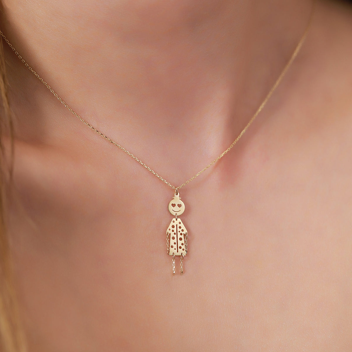 14K Gold Little Girl Charm Necklace, Whimsical Heart Eyes Doll Pendant, Polka Dot Dress Charm, Fun Gift for Her
