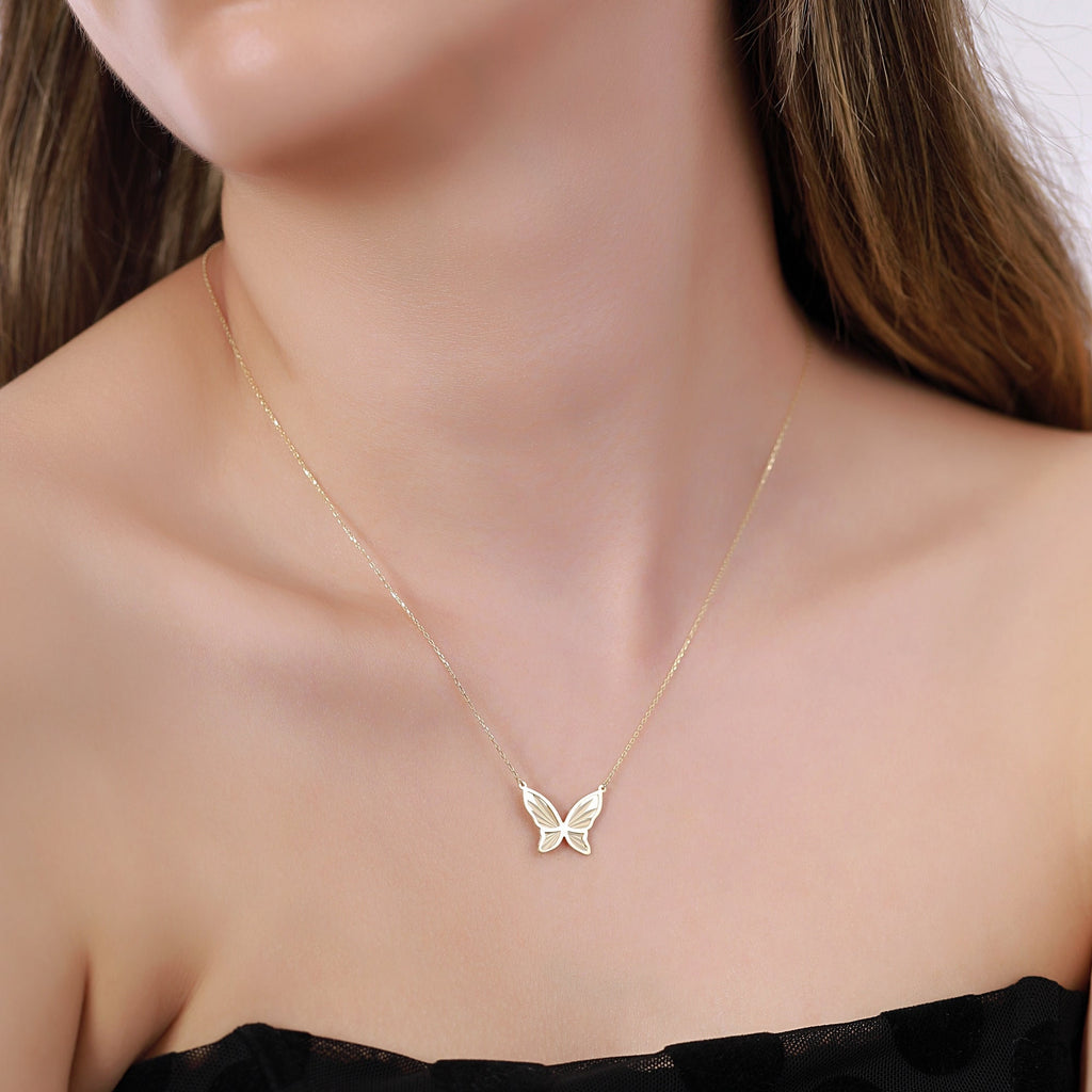 14K Gold Butterfly Necklace, Diamond Cut Butterfly Pendant, Dainty Sideways Charm, Nature Jewelry, Gift for Her