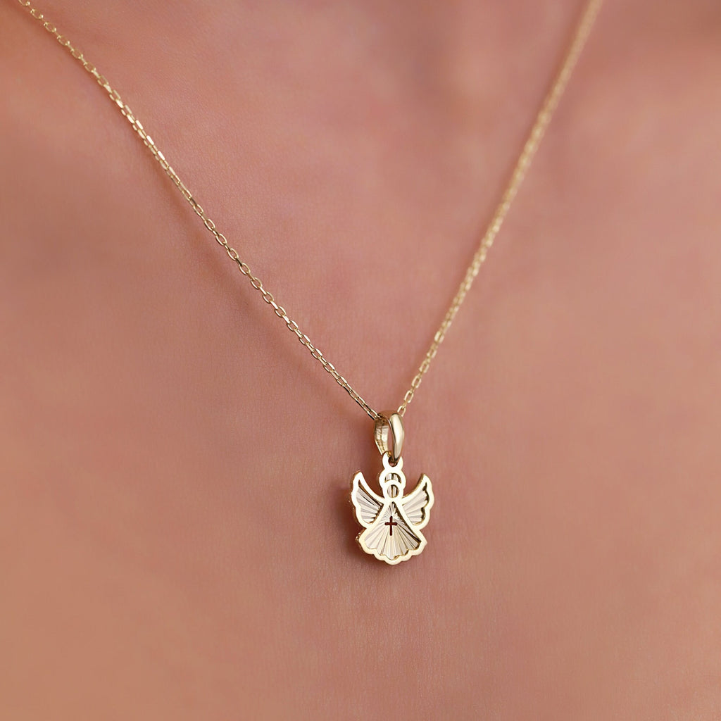 14K Gold Guardian Angel Necklace, Diamond Cut Angel Cross Pendant, Faith Charm, Baptism Confirmation Gift for Her