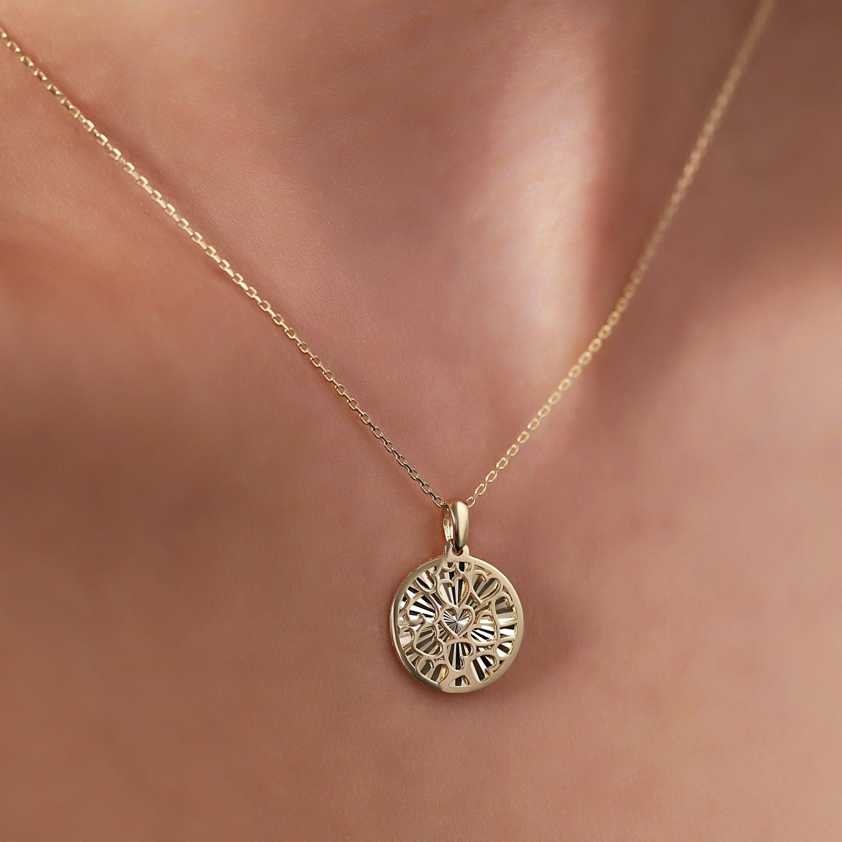 14K Gold Heart Cluster Coin Necklace, Diamond Cut Filigree Medallion Pendant, Dainty Round Disc, Gift for Her