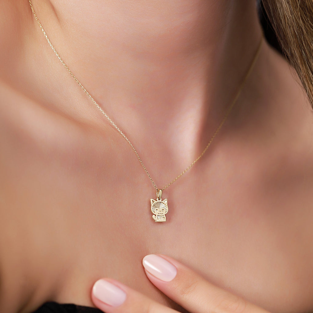 14K Gold Cat Necklace, Diamond Cut Kitten Charm, Cute Cartoon Cat Pendant, Playful Jewelry, Gift for Her