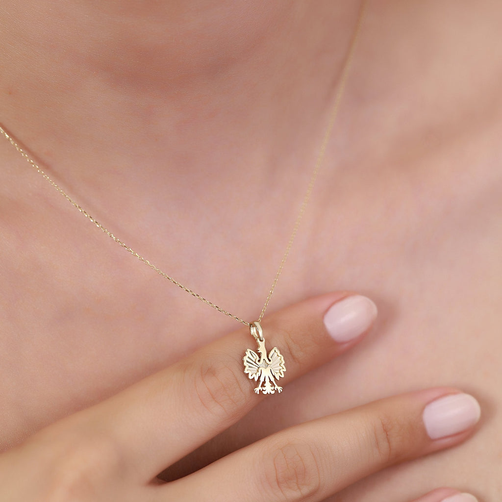 14K Gold Polish Eagle Necklace, Diamond Cut Poland Crest Pendant, Heritage Bird Charm, Symbolic Gift for Her