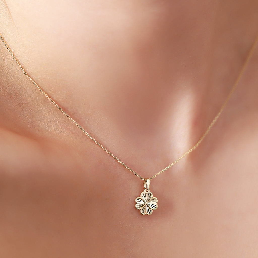 14K Gold Four Leaf Clover Necklace, Diamond Cut Lucky Clover Pendant, Dainty Charm, Good Luck Gift for Her