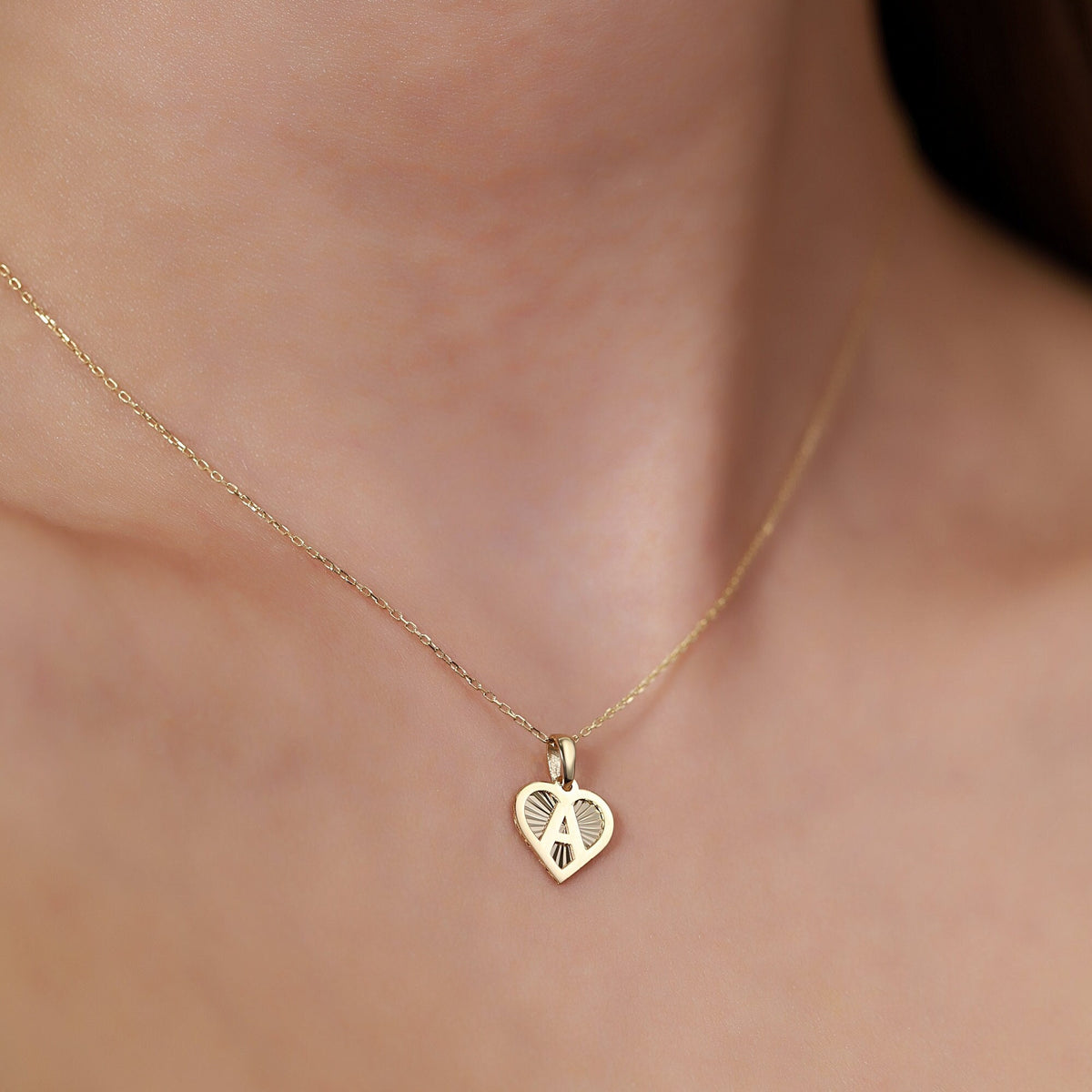 14K Gold Initial Heart Necklace, Diamond Cut Letter A-Z Pendant, Personalized Heart Charm, Custom Gift for Her