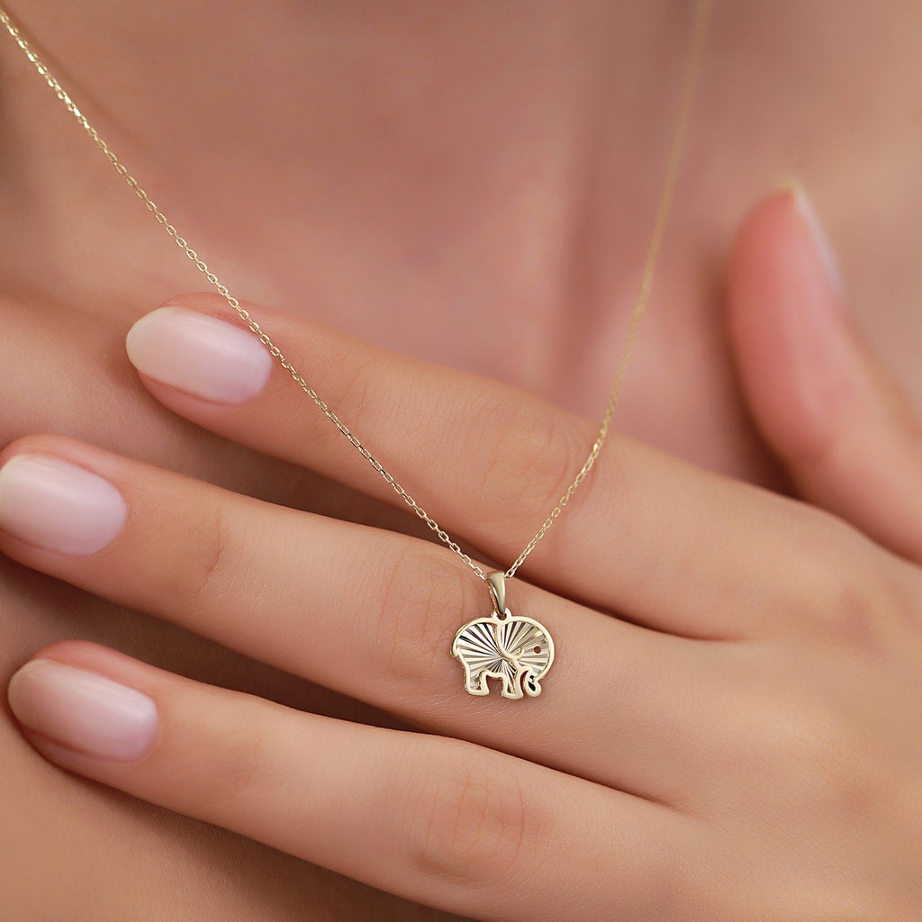 14K Gold Elephant Necklace, Diamond Cut Lucky Elephant Pendant, Good Fortune Charm, Symbolic Jewelry, Gift for Her