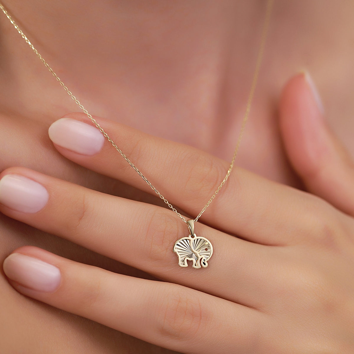 14K Gold Elephant Necklace, Diamond Cut Lucky Elephant Pendant, Good Fortune Charm, Symbolic Jewelry, Gift for Her