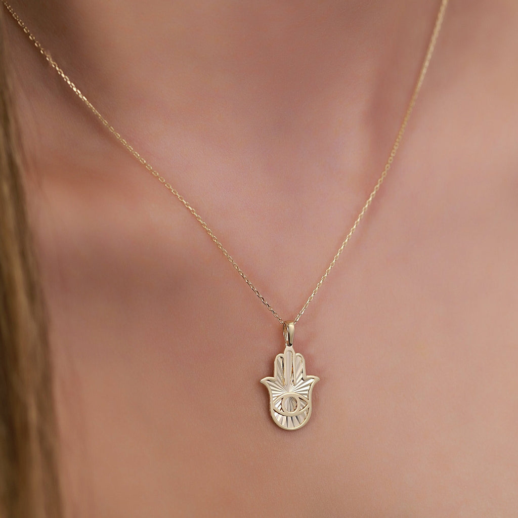 14K Gold Hamsa Necklace, Diamond Cut Evil Eye Hand Pendant, Fatima's Hand Charm, Protection Jewelry, Gift for Her