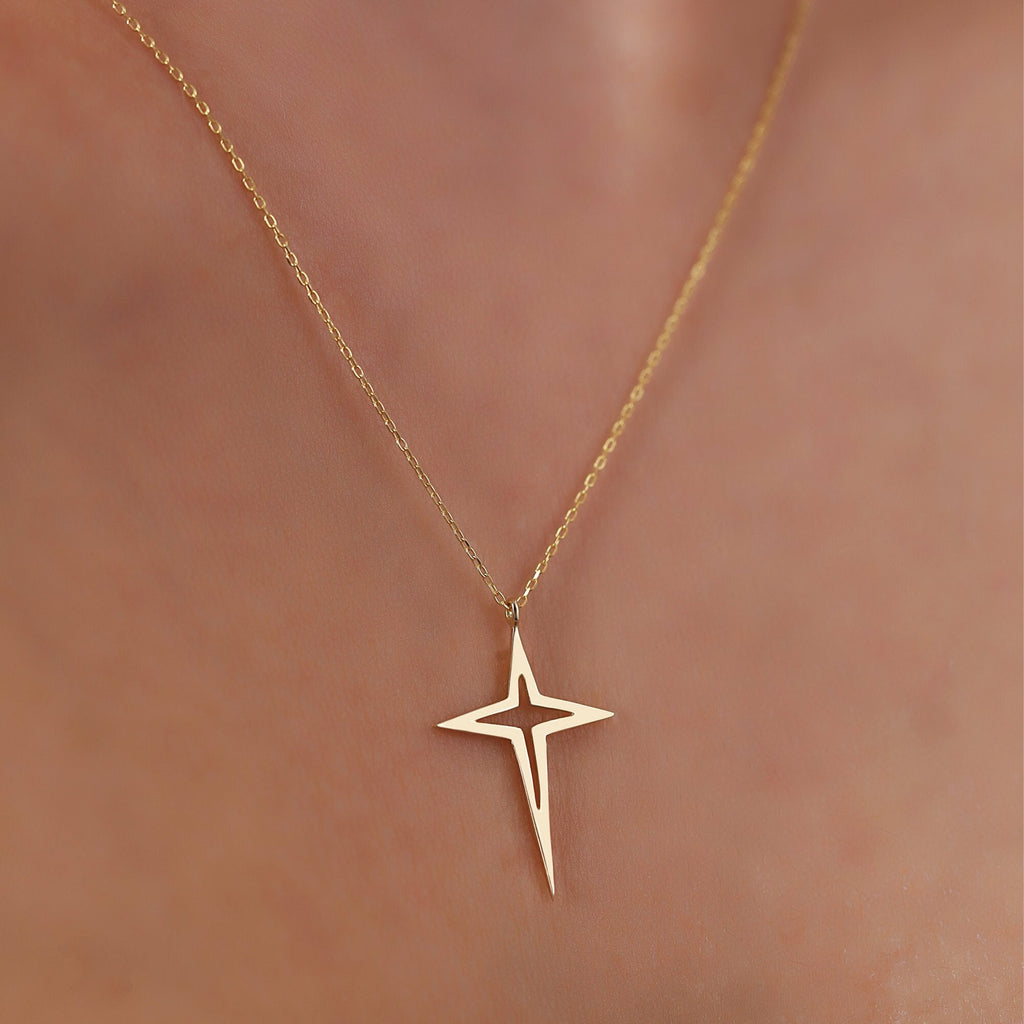 14K Gold North Star Necklace, Sparkle Star Cross Pendant, Open Star Charm, Modern Celestial Jewelry, Gift for Her
