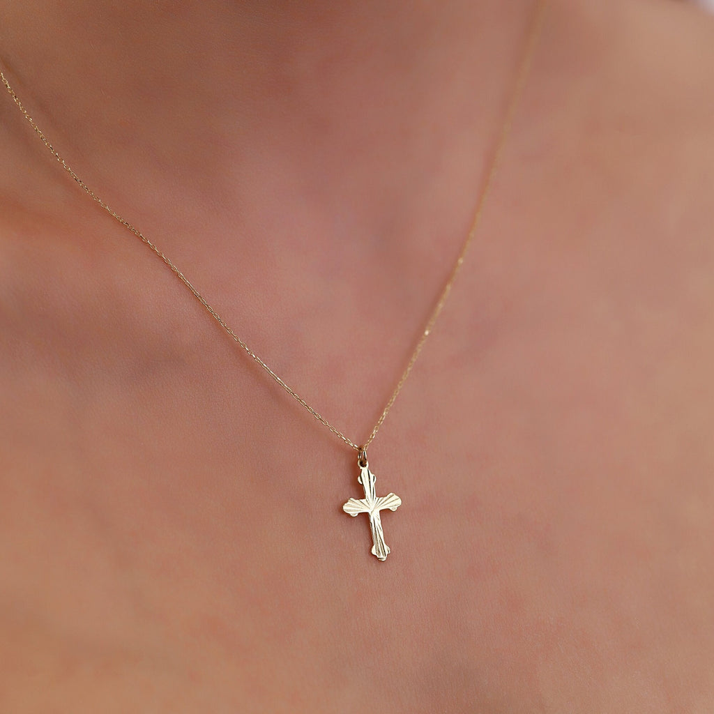 14K Gold Ornate Cross Necklace, Diamond Cut Scalloped Cross Pendant, Faith Charm, Baptism Confirmation Gift for Her
