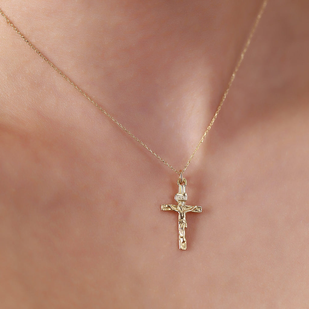 14K Gold Crucifix Necklace, INRI Jesus Cross Pendant, Traditional Catholic Charm, Faith Gift for Her
