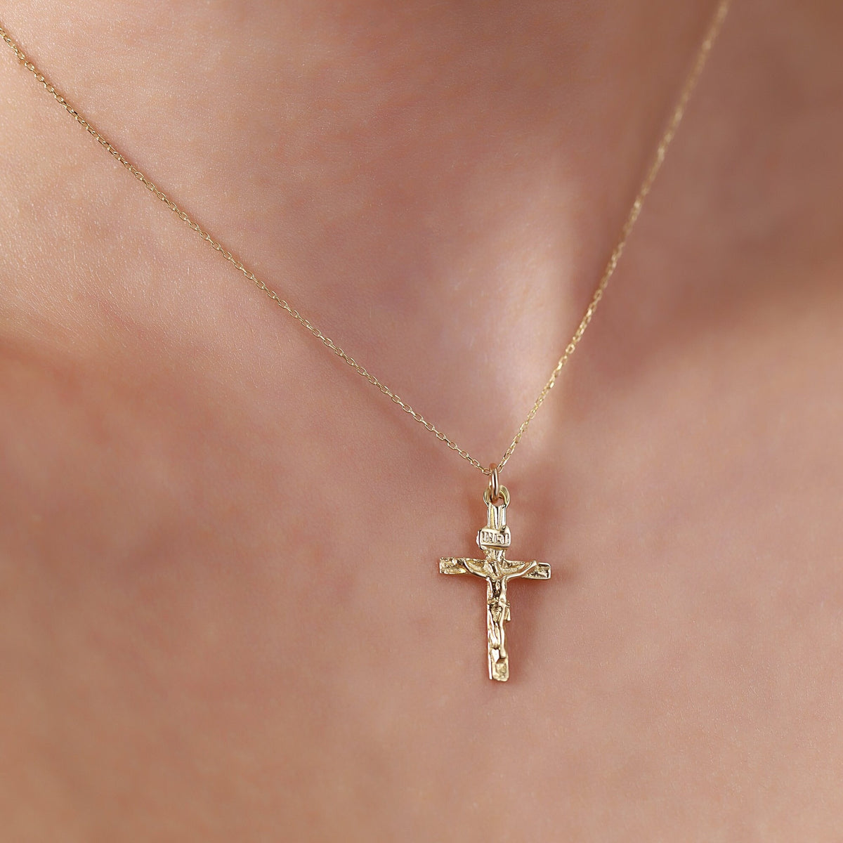 14K Gold Crucifix Necklace, INRI Jesus Cross Pendant, Traditional Catholic Charm, Faith Gift for Her