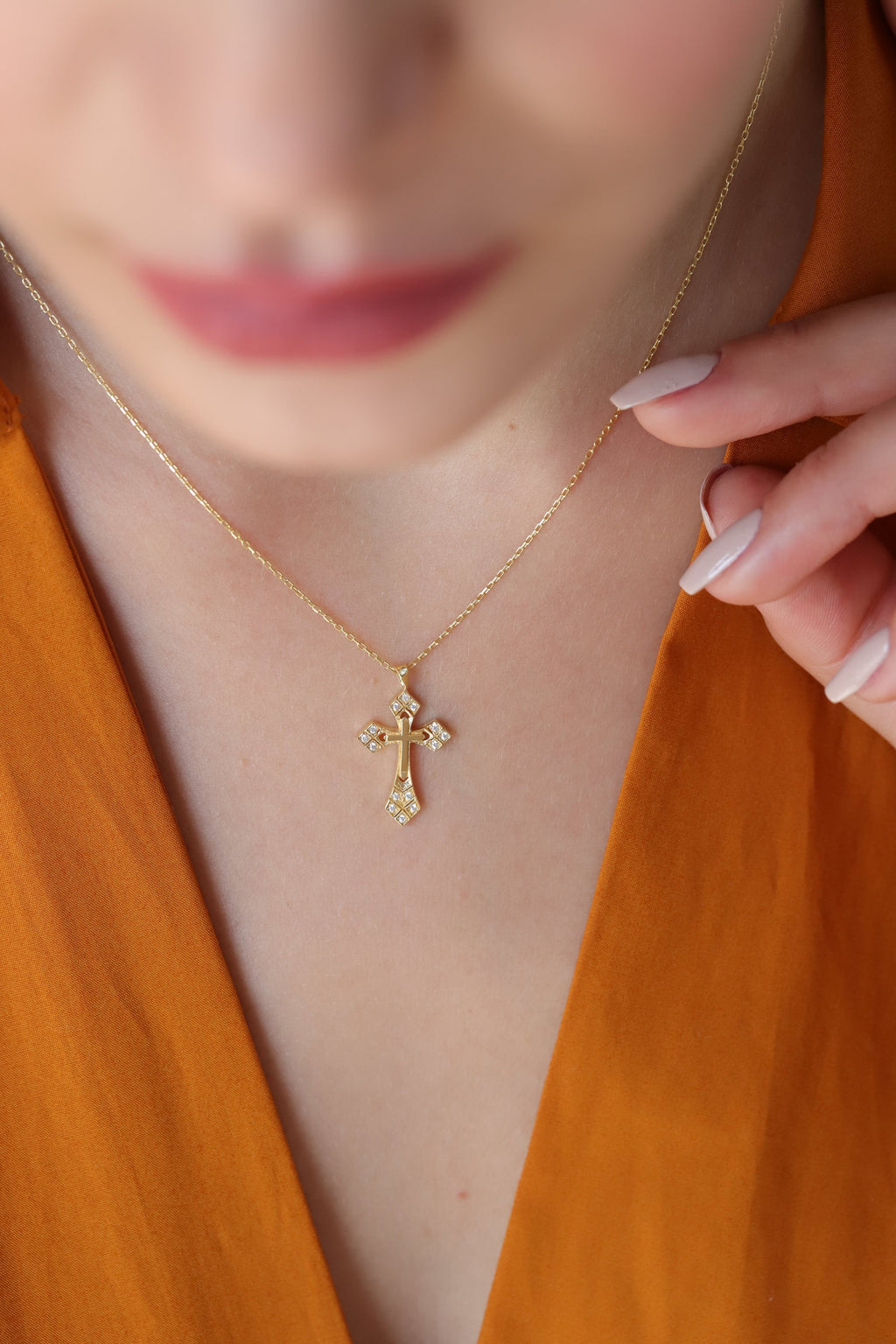 14K Gold Lab Diamond Cross Necklace, Ornate Studded Cross Pendant, Baroque Style Charm, Faith Gift for Her
