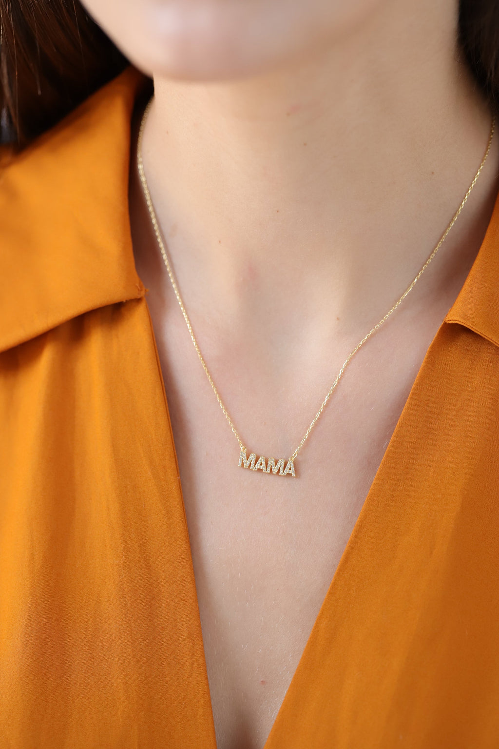 14K Gold Pave Mama Necklace, Lab Diamond Block Letter Nameplate, Sparkling Mama Charm, Mother's Day Gift for Her