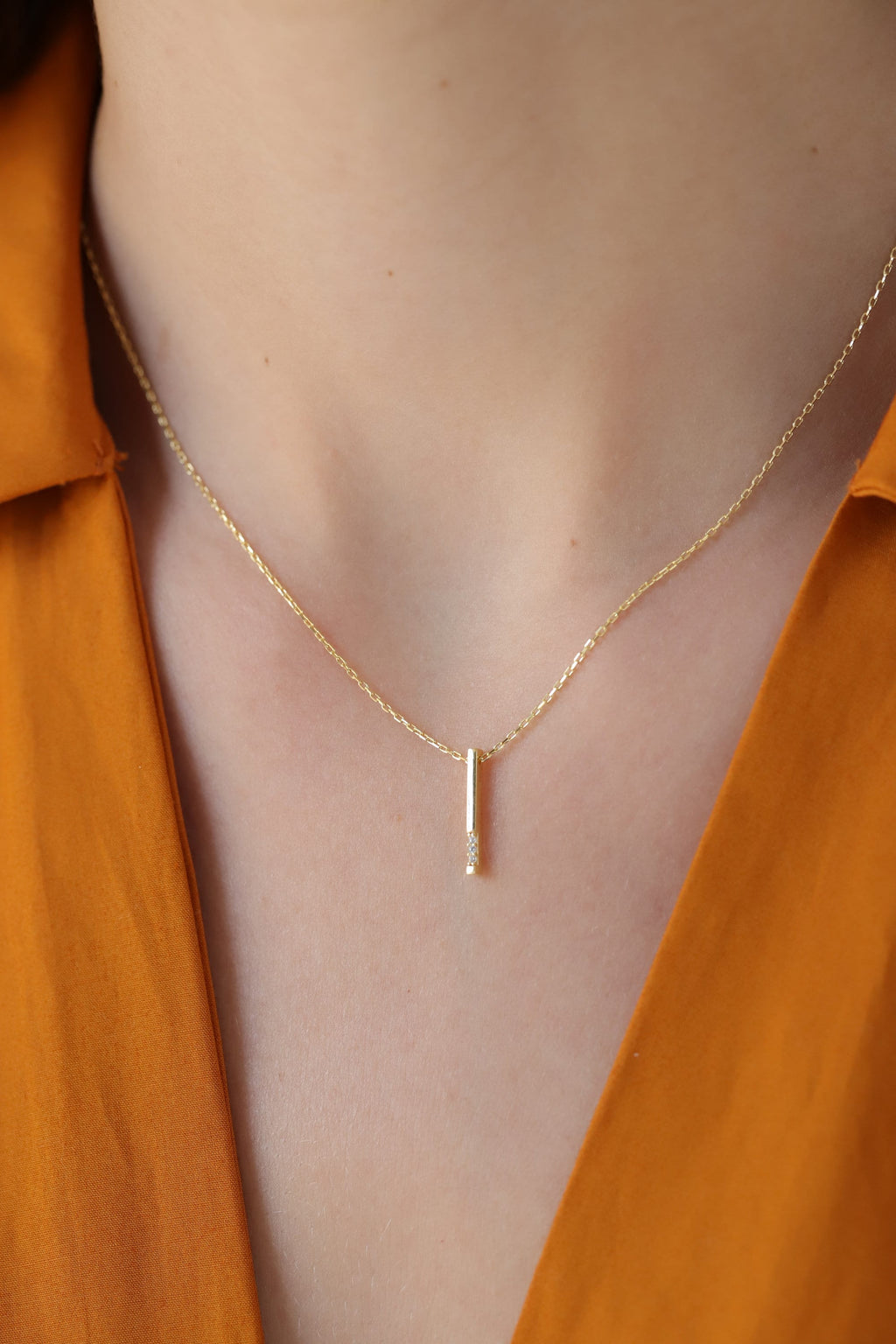 14K Gold Vertical Bar Necklace, Diamond Accent Drop Pendant, Minimalist Stick Charm, Gift for Her