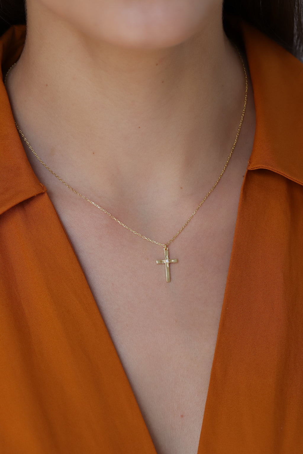 14K Gold Diamond Cross Necklace, Solitaire Center Stone Cross Pendant, Classic Faith Charm, Gift for Her